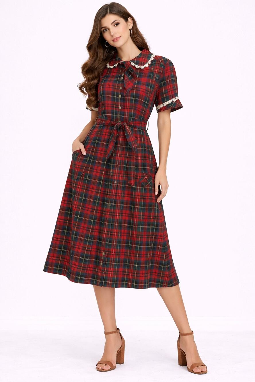 1970s Unbranded Plaid Prairie Midi Dress with Lace & Neck Tie medium